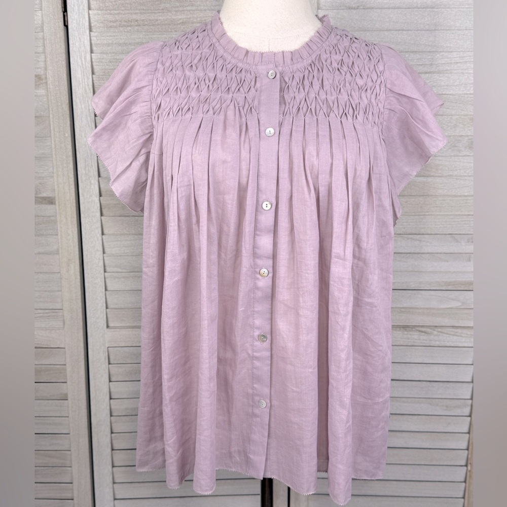 DANIEL RAINN "Evelyn" Flutter Sleeve Smocked Blouse Linen Blend Lavender-XL